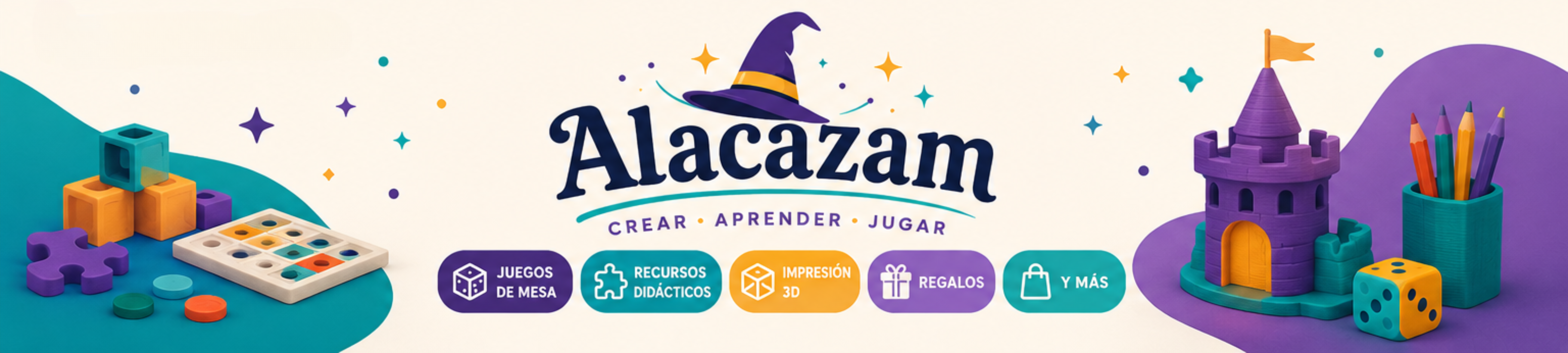 Banner de Alacazam con juegos y productos creativos