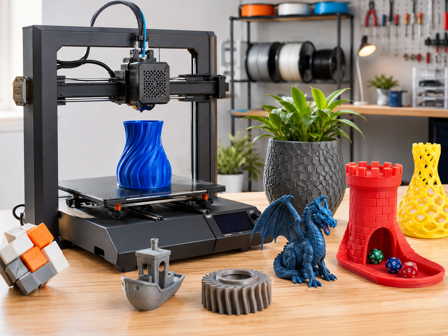 Impresora 3D junto a diferentes objetos impresos