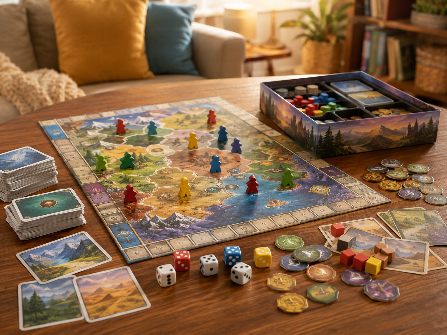 Juego de mesa con tablero, cartas, fichas y dados